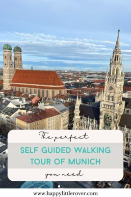 A view over the red roofed Frauenkirche with its twin copper green onion domes and the multi spired New Town Hall in Munich, the test reads the perfect self guided walking tour of Munich.