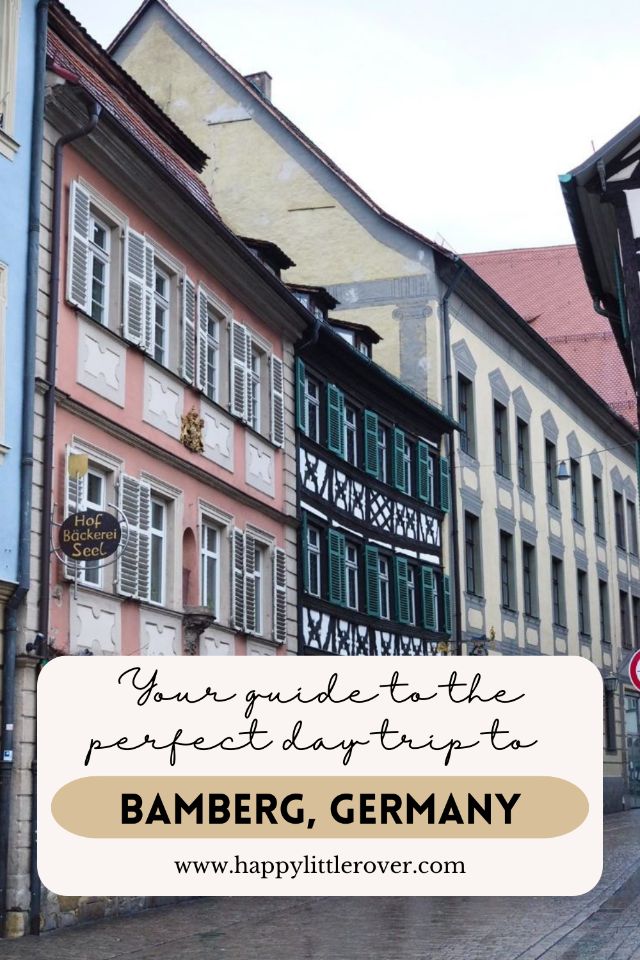 A pinterest pin showing a street with half timbered houses for a post on the perfect daytrip from Nuremberg to Bamberg